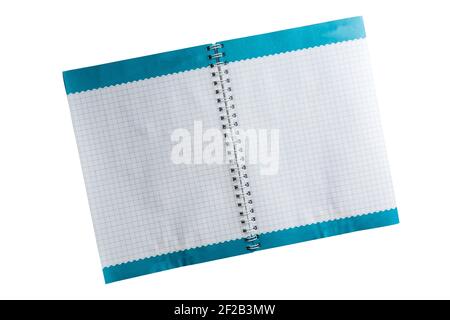 Blank checked notebook with notice paper isolated on white background cutout Stock Photo