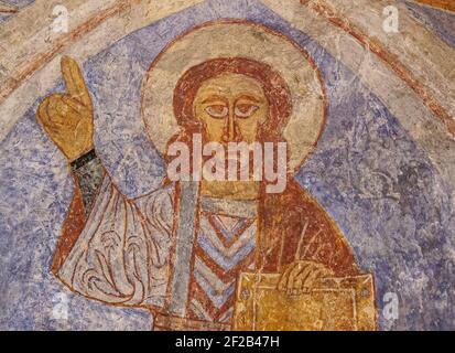 Christ pantoctator lifting his hand with a copper braclet, in a blessing gesture, Övraby, Sweden, November 6, 2009 Stock Photo