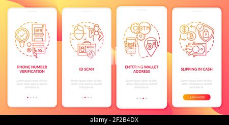 Bitcoin ATM verification steps onboarding mobile app page screen with concepts Stock Vector