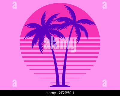 Two palm trees against a pink sun in the style of the 80s. Synthwave and 80s style retrowave. Design for advertising brochures, banners, posters, trav Stock Vector