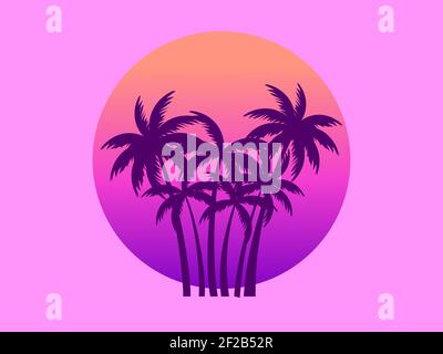 Palm trees against a gradient sun in the style of the 80s. Synthwave and retrowave style. Orange color. Design for advertising brochures, banners, pos Stock Vector