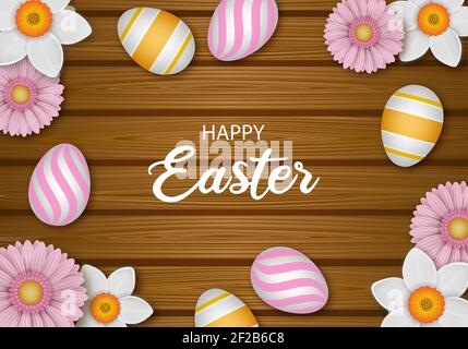 happy easter background with flowers and eggs Stock Vector