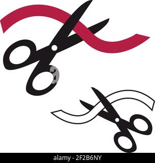 Black scissors cutting red ribbon tape isolated on white background. Vector icon concept of Grand opening. Simple flat design Stock Vector