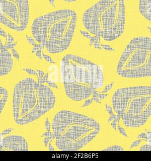 Linocut print strawberries linen vector seamless pattern background.Soft fruit motifs blended onto Hessian fiber texture.Yellow grey backdrop.Woven Stock Vector