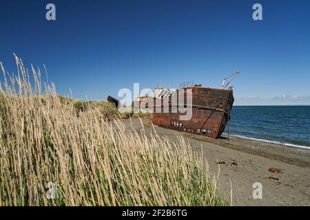 San Gregorio, Argentina-27.11.2018 old rusty and rotten ship wreck with holes in carcass, lying behind long gras on the beach of the coast line of the Stock Photo