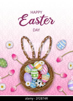 happy easter poster with colorful eggs in the nest and flowers Stock Vector
