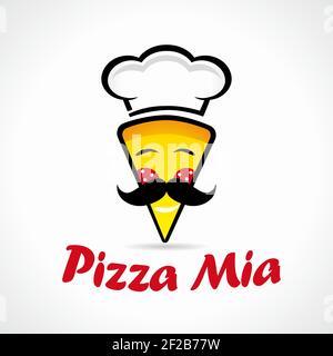 Pizza Mia logo. Logotype of cooking, quickly delivering with smiles, mustaches and Chef's hat. Vector branding sign with naming idea. Stock Vector