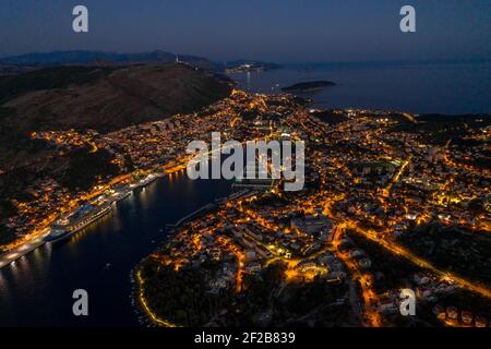 Aerial drone shot of Port Gruz in Dubrovnik in Croatia summer dusk Stock Photo