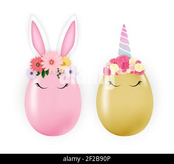 Happy Easter Cute Egg Rabbit Ears and Unicorn. Vector Illustration Stock Vector