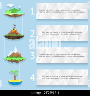Low poly islands with steps and numbers infographics. Landscape and environment,  palm and ladder, volcano and travel, vector illustration Stock Vector