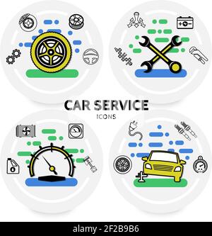 Car service concept with tire gears wrenches transmission battery shock absorber engine piston spark plugs speedometer brake disc oil line icons vecto Stock Vector