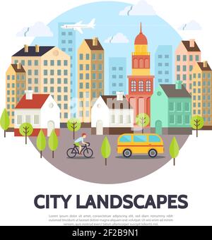 Flat cityscape concept with buildings of different structure trees airplane bus sky man riding bicycle vector illustration Stock Vector