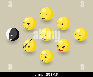 Isometric happy face bubbles game elements. Cartoon sadness and joy, expression and wink smiley, friendly emotion, vector illustration Stock Vector