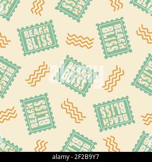 Beach bliss typography vector seamless pattern background.Pastel sage green orange background with decorated text on stamp shapes and doodle waves Stock Vector