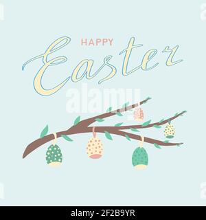 Happy Easter - greeting card with lettering and tree branch with green leaves and Easter eggs. Vector illustration design template Stock Vector