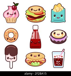 Vector set of fast food and fruit Kawaii characters Stock Vector