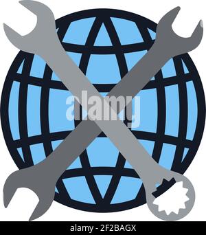 Labor Day Icon. Wrenches and planet. Flat Color Design. Vector Illustration. Stock Vector