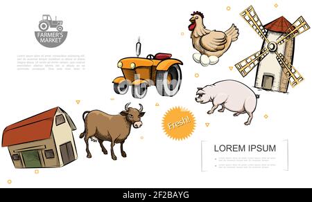 Retro farm colorful template with cow pig chicken barn mill and tractor in hand drawn style vector illustration Stock Vector