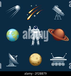 Space and astronomy set. Astronaut and spacesuit, cosmonaut and comet, moonwalker and telescope. Vector illustration Stock Vector
