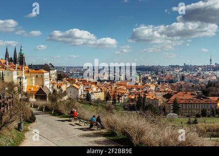 Aerial postcard view of Prague,Czech Republic. Prague panorama.Beautiful sightseeing on sunny spring day.Amazing European cityscape.Red roofs,TV tower Stock Photo