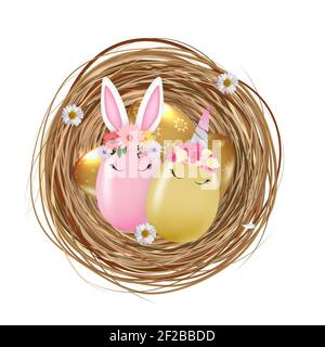 Happy Easter Cute Egg Rabbit Ears and Unicorn in bird nest. Vector Illustration Stock Vector