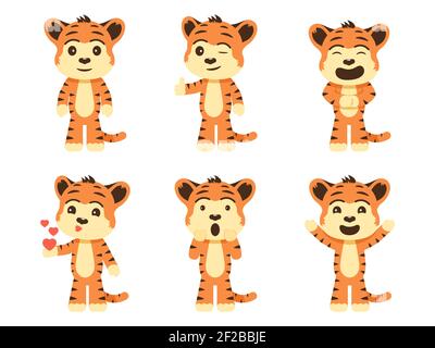 Set cartoon tiger cubs. Vector illustration collection of cartoon characters cute tiger cubs isolated on white background. Stock Vector