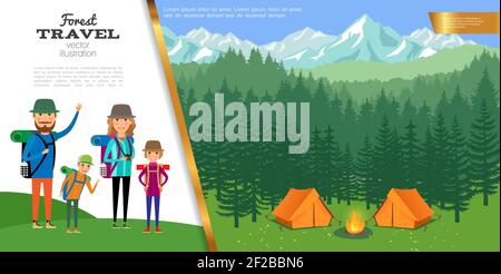 Flat forest travel concept with father mother kids go hiking and camp on forest and mountain landscape vector illustration Stock Vector