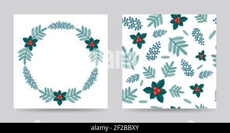 Collection of Merry Christmas greeting card and seamless pattern with winter plants wreath in the retro style. Stock vector illustrations with botanic Stock Vector
