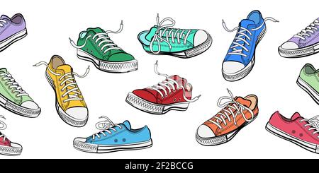 Sneakers shoes horizontal seamless pattern. Sport and street fashion footwear, vector illustration Stock Vector
