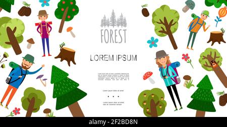 Flat outdoor recreation concept with man woman kids go hiking different trees mushrooms flowers cones stump vector illustration Stock Vector