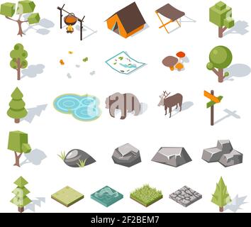 Isometric 3d forest camping elements for landscape design. Tent and deer, camp and bear, butterflies and mushrooms, map and pond. Vector illustration Stock Vector