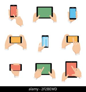 Vector icons set of smartphone and tablet in hands in flat design style. Internet and communication, phone and smartphone, digital screen illustration Stock Vector