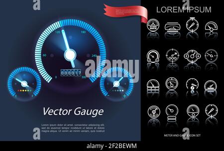 Car dashboard elements concept with modern blue speedometer tachometer fuel indicator and white gauges icons vector illustration Stock Vector