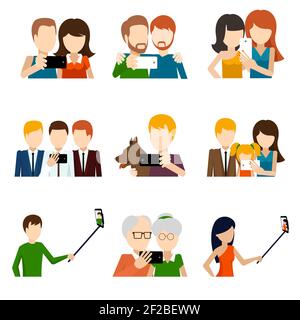 Selfie icons set in flat design style. Camera and phone, people and friend,  memory and photograph pose. Vector illustration Stock Vector
