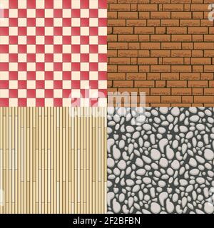 Wooden floor texture, stone pattern and tiles background set. Construction material, seamless backdrop and parquet. Vector illustration Stock Vector