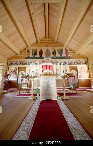 Interior Modern Wooden Orthodox church in Moscow, Russia Stock Photo