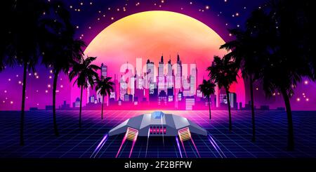 Arcade Space Ship Flying to the Sunset. Retro 80s Fashion Sci-Fi Background Landscape. Digital Retro Cityscape Sci-Fi Summer Landscape with 3D Mountains, 80s Style Synthwave or Retrowave illustration. Stock Vector