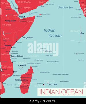 Indian ocean region detailed editable map with regions cities and towns, geographic sites. Vector EPS-10 file Stock Vector
