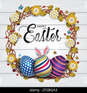 Happy Easter white wooden background with colorful patterned eggs and flowers, leaves. Greeting card stylish design. Invitation template Vector illust Stock Vector