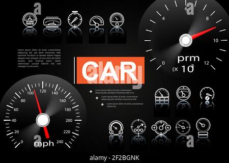 Car dashboard elements concept with speedometer tachometer and dashboard gauges of different design vector illustration Stock Vector
