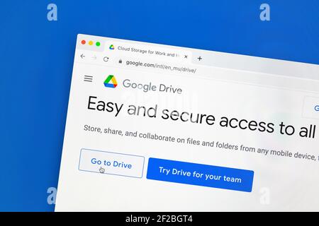 Ostersund, Sweden - Jan 23, 2021 Closeup of Google Drive website under a magnifying glass. Google Drive is a file storage and synchronization service Stock Photo