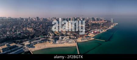 Air  panorama seaside of Arcadia in Odessa Ukraine. Drone footage, winter time, natural light. Stock Photo