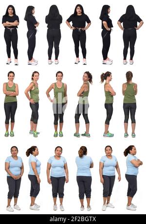 women in sportswear in different poses on white background Stock Photo