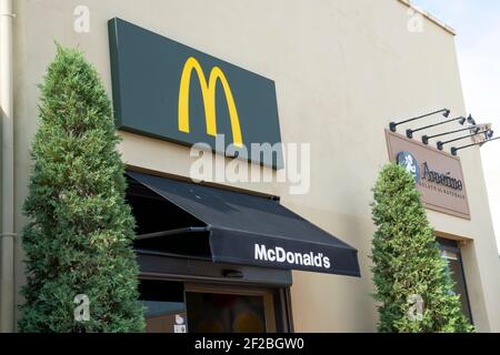 Palma de Mallorca, Spain - September 23, 2017.. McDonald's restaurant sign. McDonald's is the world's largest chain of hamburger fast food restaurants Stock Photo