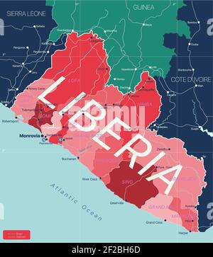 Liberia country detailed editable map with regions cities and towns, roads and railways, geographic sites. Vector EPS-10 file Stock Vector