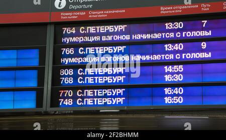 Timetable train at Leningradsky railway station -- is one of the nine main railway stations of Moscow, Russia Stock Photo