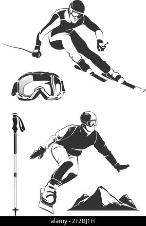Vector elements for vintage ski and snowboard labels and emblems. Ski sport, ski label badge, emblem snowboard,  extreme ski and snowboard illustratio Stock Vector