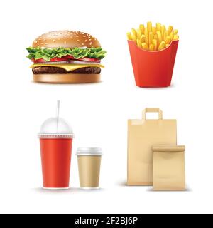 Vector Fast Food Set of Realistic Hamburger Classic Burger Potatoes French Fries in Red Package Box Blank Cardboard Cups for Coffee Soft Drinks with S Stock Vector