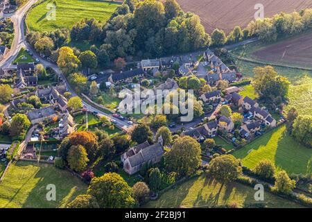 An aerial view of the Cotswold village of Lower Swell, Gloucestershire, UK