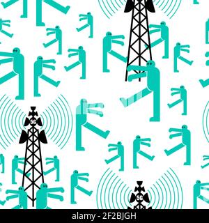 5G tower chipping population pattern seamless. Conspiracy theory ornament. Zombies walk around cell tower texture. TV and radio communication towers b Stock Vector